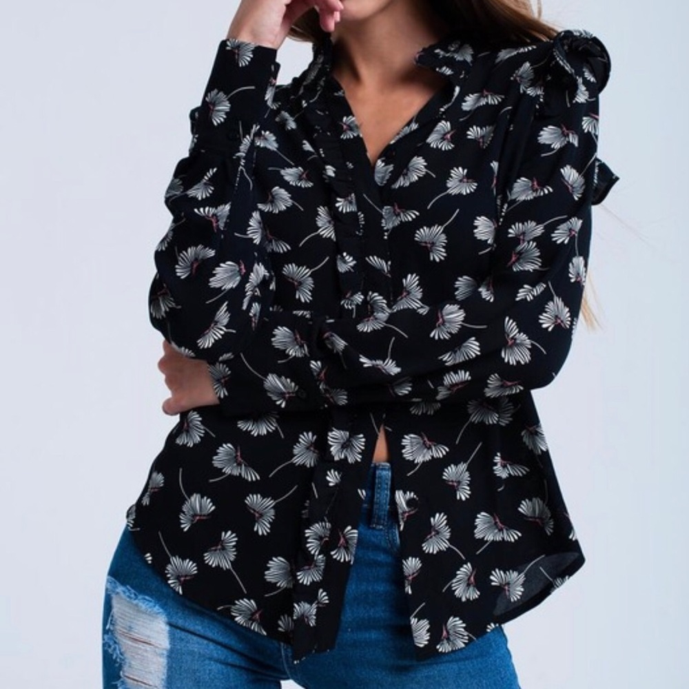 Sold! Q2 Black Floral Print Button Down w/ Ruffle Detail